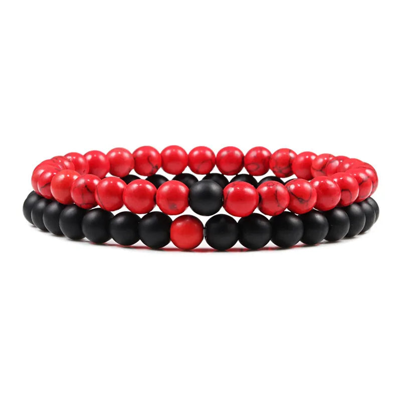 Black, White, and Natural Stone Couples Bracelet Set