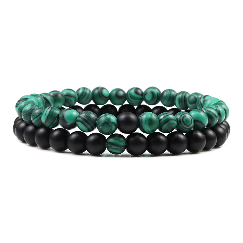 Black, White, and Natural Stone Couples Bracelet Set