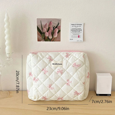 Cute Bow Flower Quilting Cotton Makeup Bag Women Zipper Cosmetic Organizer Female Cloth Handbag Portable Toiletry Case for Girls