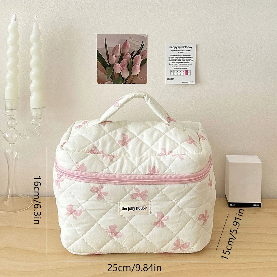 Cute Bow Flower Quilting Cotton Makeup Bag Women Zipper Cosmetic Organizer Female Cloth Handbag Portable Toiletry Case for Girls