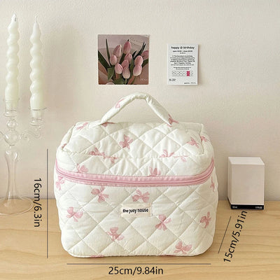 Cute Bow Flower Quilting Cotton Makeup Bag Women Zipper Cosmetic Organizer Female Cloth Handbag Portable Toiletry Case for Girls
