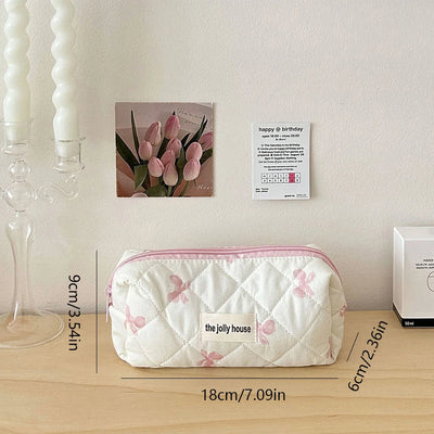 Cute Bow Flower Quilting Cotton Makeup Bag Women Zipper Cosmetic Organizer Female Cloth Handbag Portable Toiletry Case for Girls