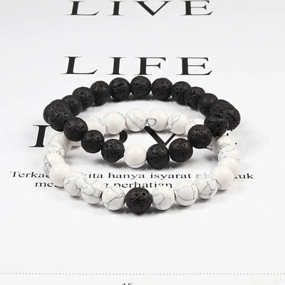 Black, White, and Natural Stone Couples Bracelet Set